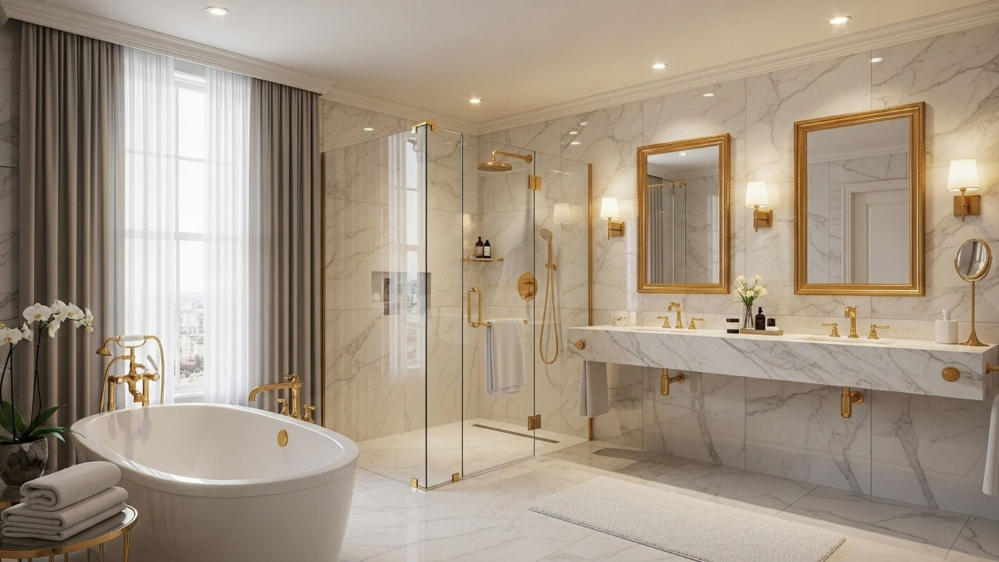 Premium bathroom renovation Melbourne showing marble tiles, freestanding bath, gold tapware and double vanity demonstrating luxury renovation costs 35000 to 50000 dollars