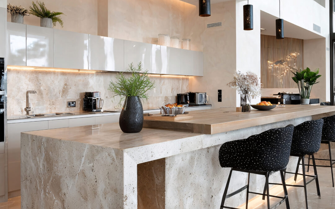 Modern kitchen renovation featuring stone waterfall island bench, white handleless cabinetry, timber breakfast bar and pendant lighting in Melbourne home