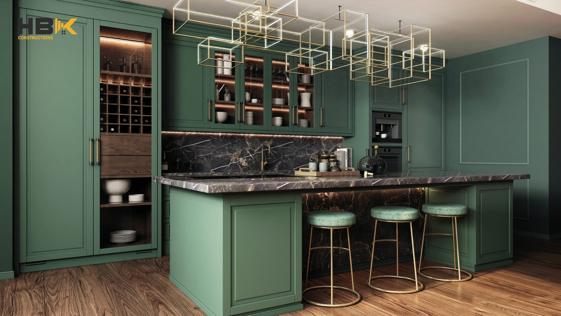 bold colour kitchen renovation with dark green cabinets in Melbourne