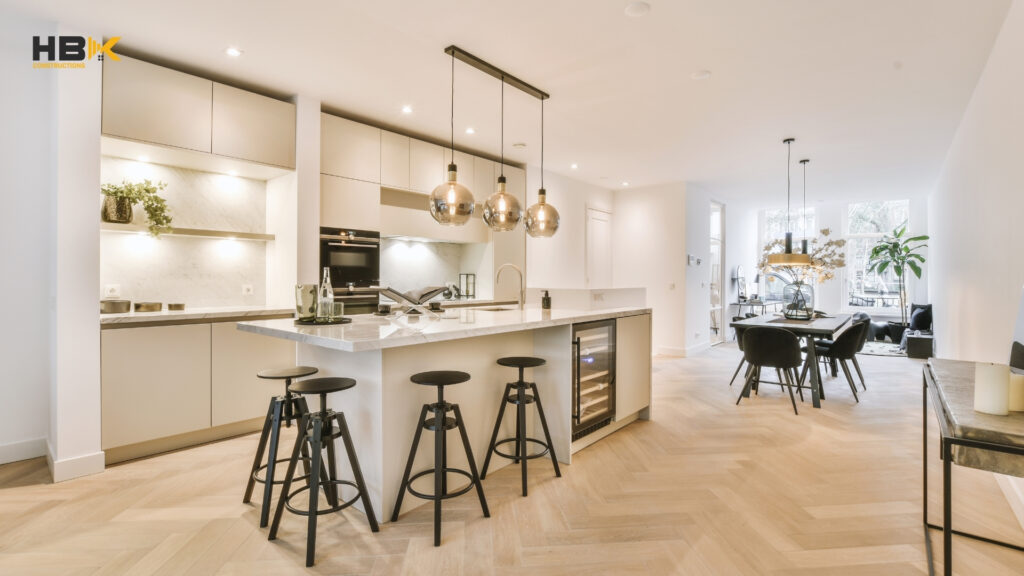 open-plan extension floor plan with kitchen living and dining zones
