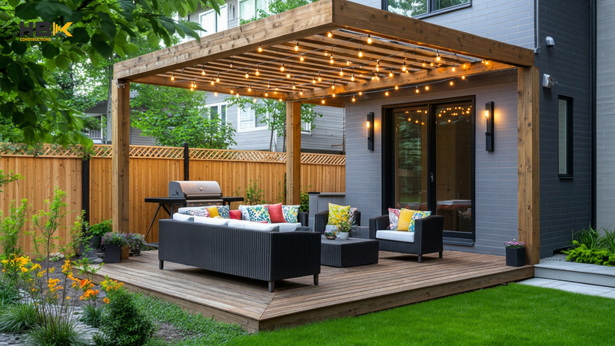 earthy toned deck and pergola with weathered timber finish