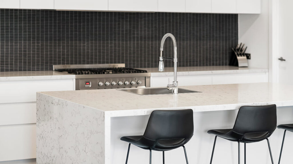 stone-look laminate benchtop in a budget Melbourne kitchen