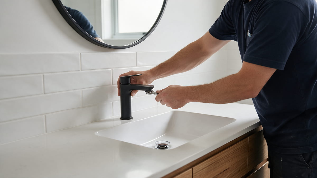 9-plumber fitting a matte black basin mixer during bathroom fit off